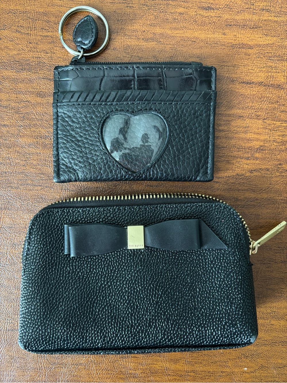 Ted Baker black pebbled leather bow zip pouch with unbranded card holder